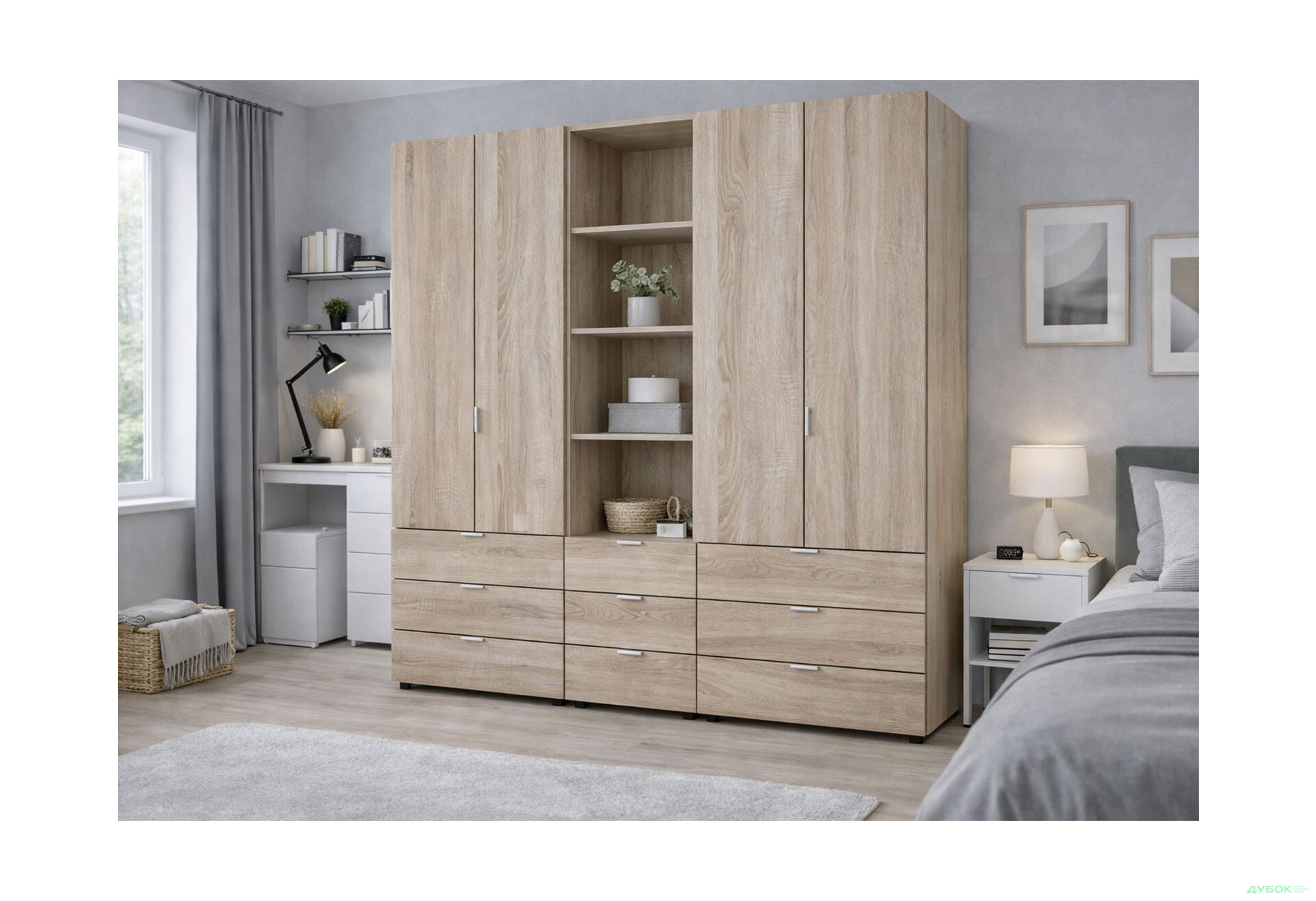 Изображение 2 - Шкаф Doros Гелар 2+2 ДСП 4-дверная с ящиками и пеналом с открытыми полками 215 см Дуб сонома