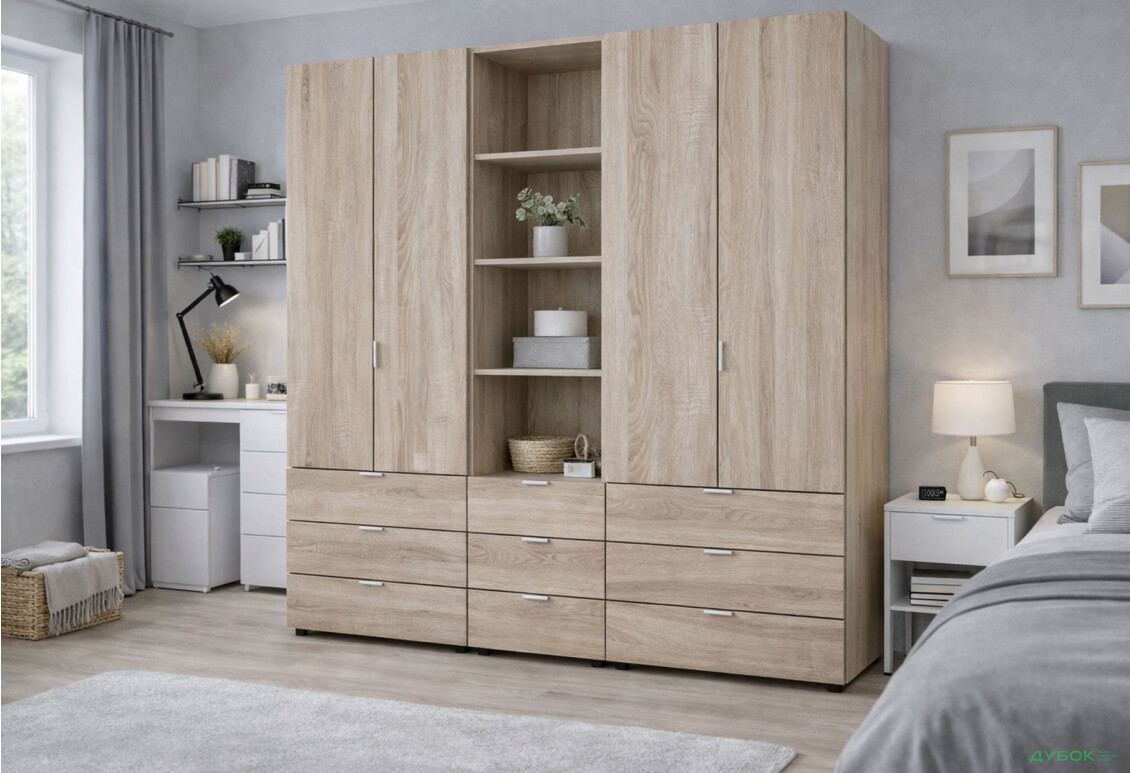 Изображение 2 - Шкаф Doros Гелар 2+2 ДСП 4-дверная с ящиками и пеналом с открытыми полками 215 см Дуб сонома