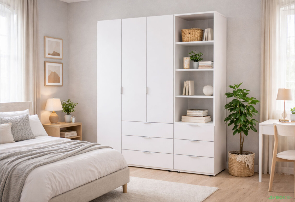 Изображение 2 - Шкаф Doros Гелар 3 ДСП 3-дверная с ящиками и пеналом с открытыми полками 176.2 см Белый