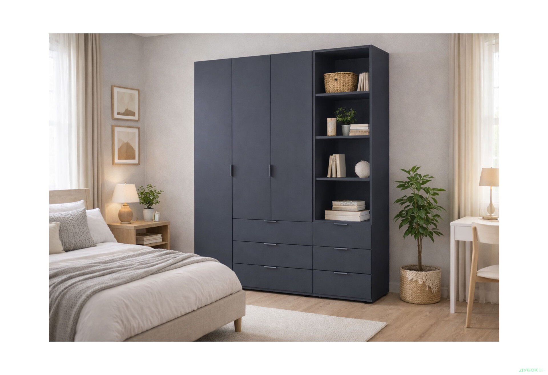 Изображение 2 - Шкаф Doros Гелар 3 ДСП 3-дверная с ящиками и пеналом с открытыми полками 176.2 см Графит