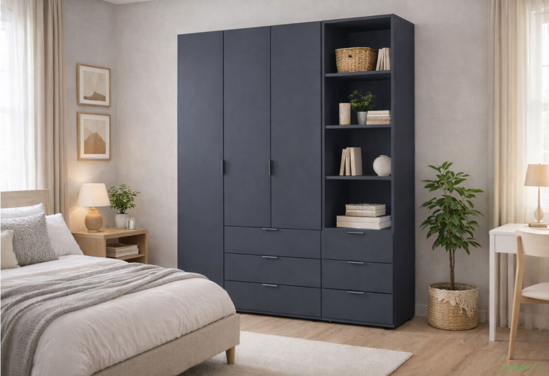 Изображение 2 - Шкаф Doros Гелар 3 ДСП 3-дверная с ящиками и пеналом с открытыми полками 176.2 см Графит