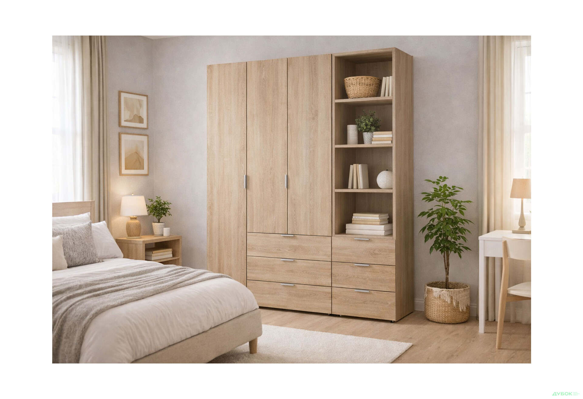 Изображение 2 - Шкаф Doros Гелар 3 ДСП 3-дверная с ящиками и пеналом с открытыми полками 176.2 см Дуб сонома