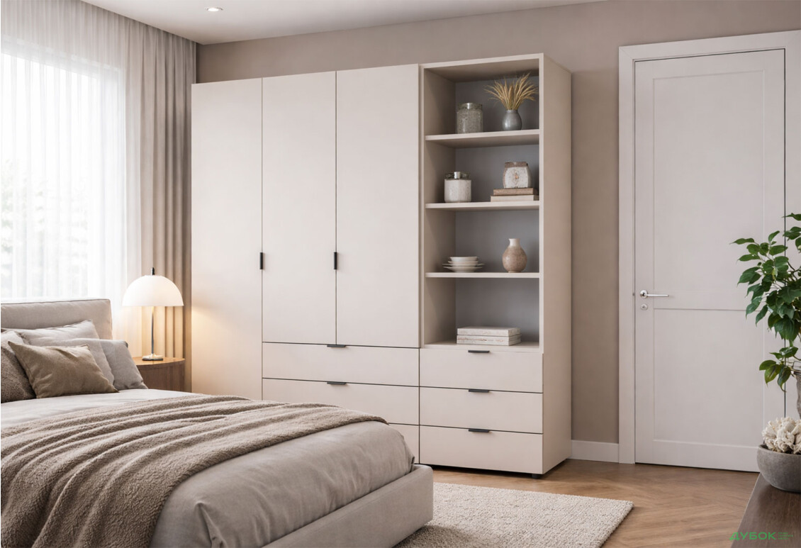 Изображение 2 - Шкаф Doros Гелар 3 ДСП 3-дверная с ящиками и пеналом с открытыми полками 176.2 см Кашемир