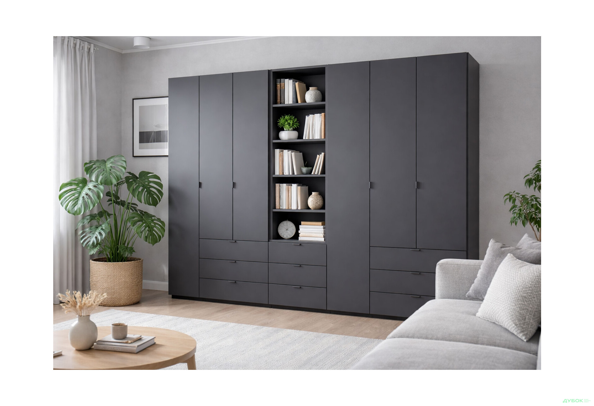 Изображение 2 - Шкаф Doros Гелар 3+3 ДСП 6-дверная с ящиками и пеналом с открытыми полками 292.4 см Графит