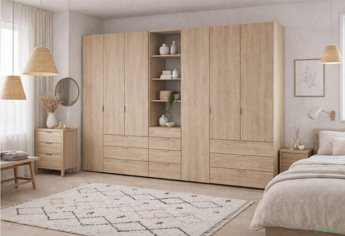 Изображение 2 - Шкаф Doros Гелар 3+3 ДСП 6-дверная с ящиками и пеналом с открытыми полками 292.4 см Дуб сонома