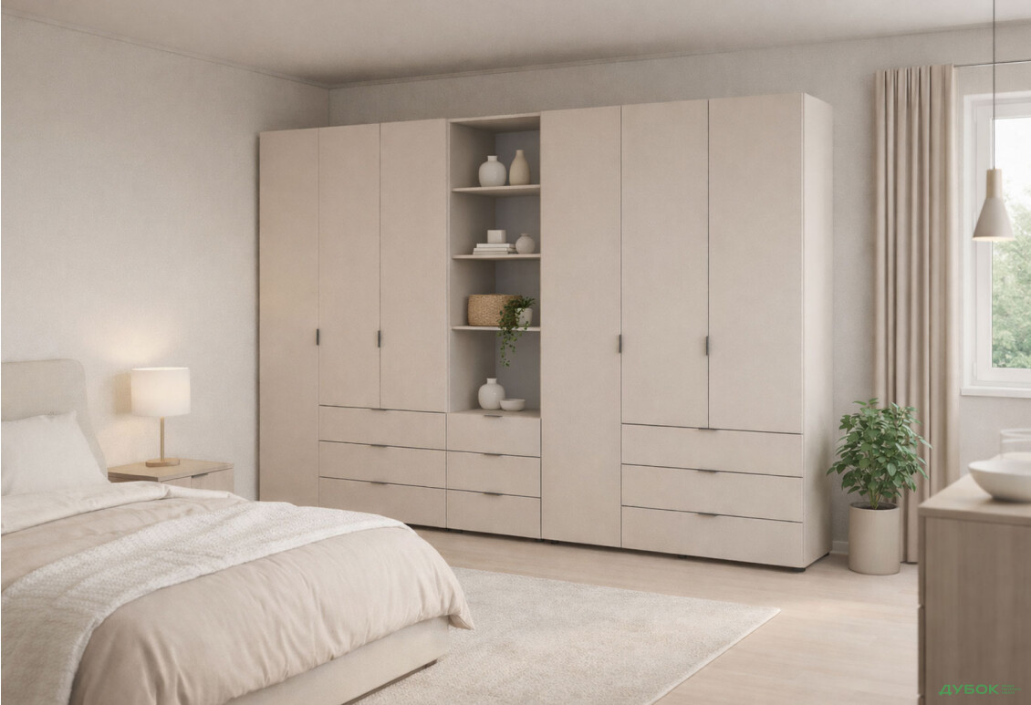 Изображение 2 - Шкаф Doros Гелар 3+3 ДСП 6-дверная с ящиками и пеналом с открытыми полками 292.4 см Кашемир