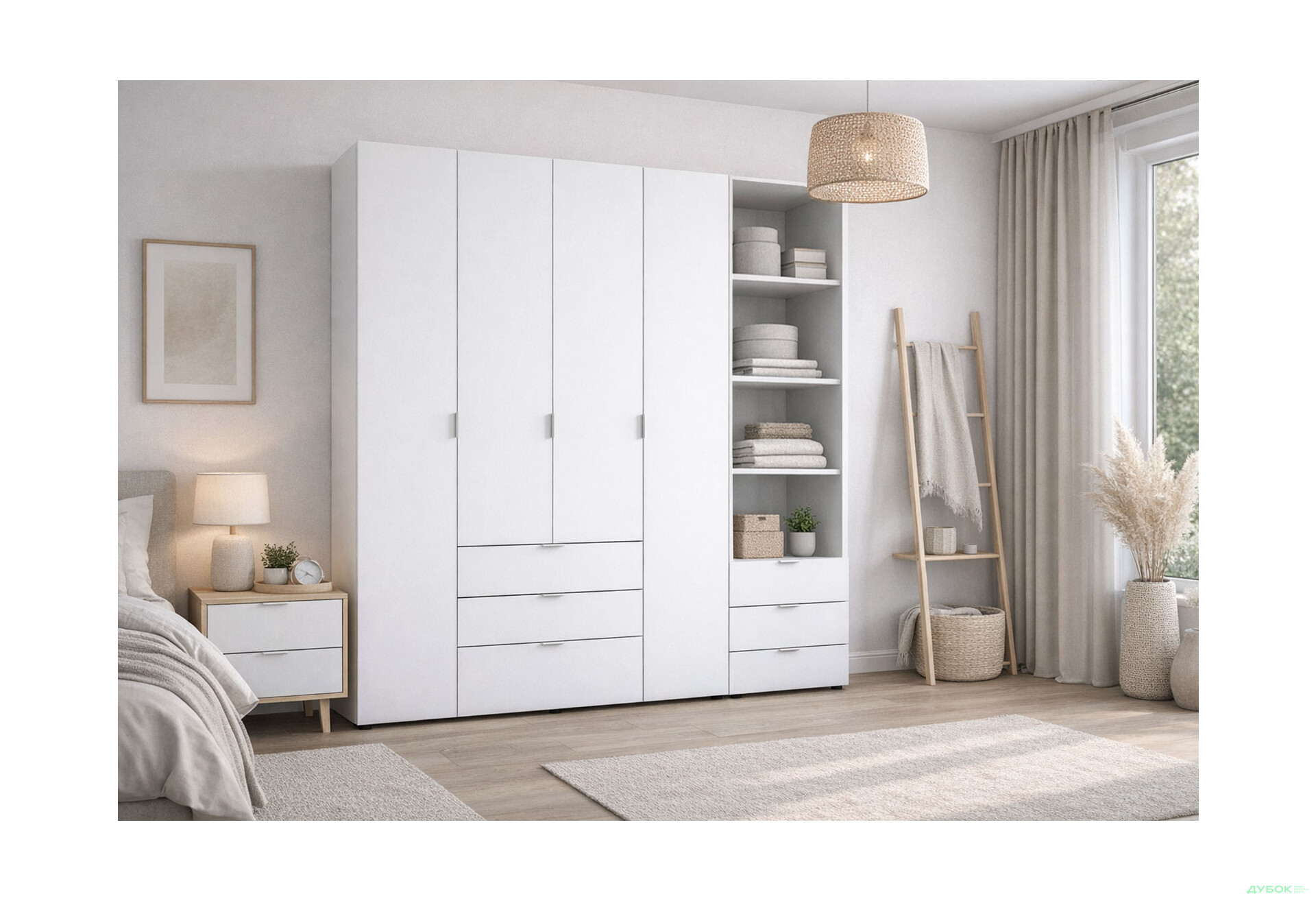 Зображення 2 - Шафа Doros Гелар 4 ДСП 4-дверна з шухлядами та пеналом з відкритими полицями 215 см Білий