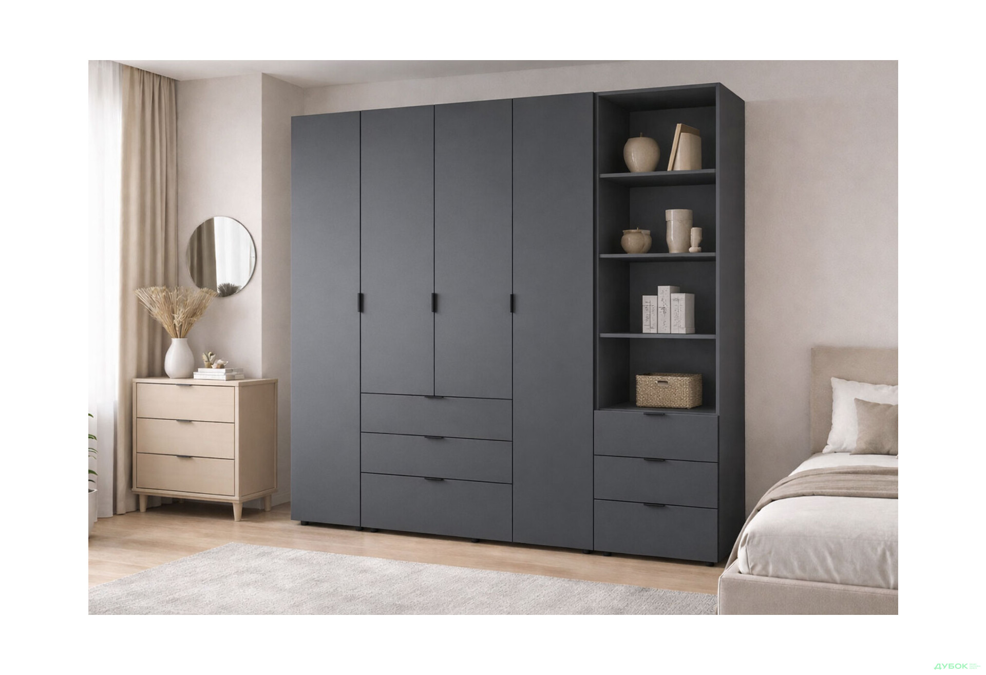 Изображение 2 - Шкаф Doros Гелар 4 ДСП 4-дверная с ящиками и пеналом с открытыми полками 215 см Графит
