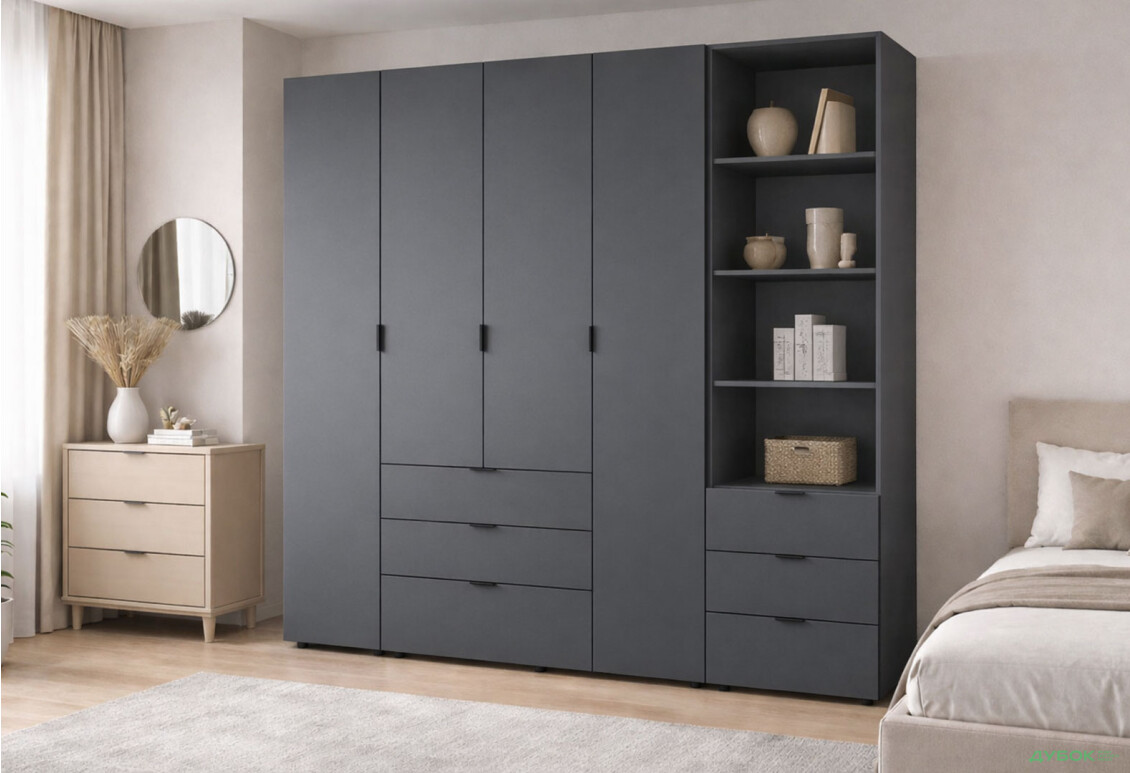 Изображение 2 - Шкаф Doros Гелар 4 ДСП 4-дверная с ящиками и пеналом с открытыми полками 215 см Графит