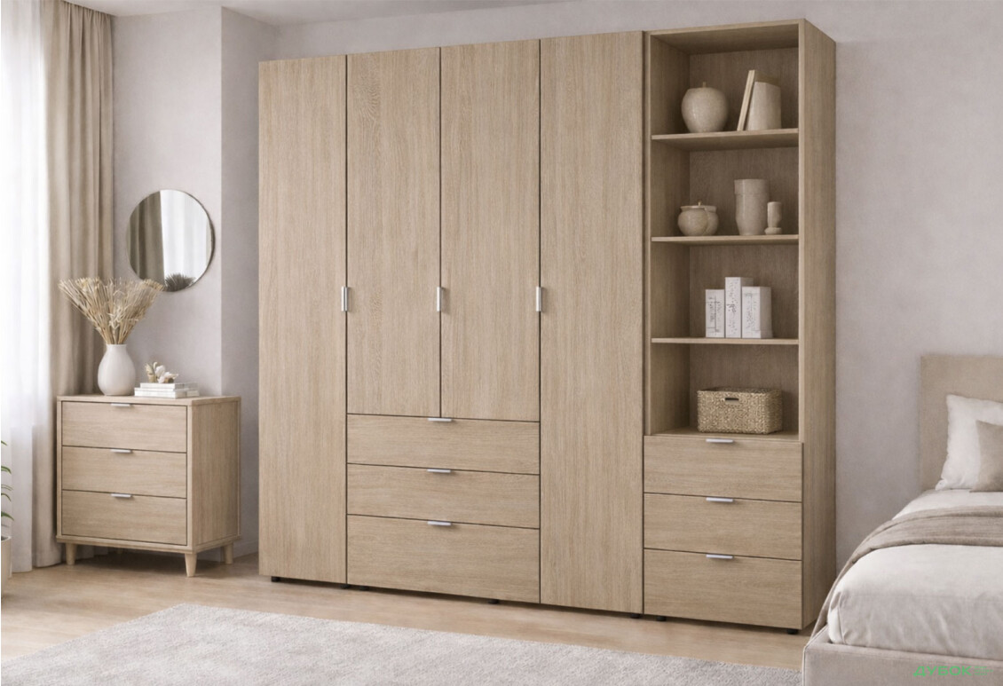 Изображение 2 - Шкаф Doros Гелар 4 ДСП 4-дверная с ящиками и пеналом с открытыми полками 215 см Дуб сонома