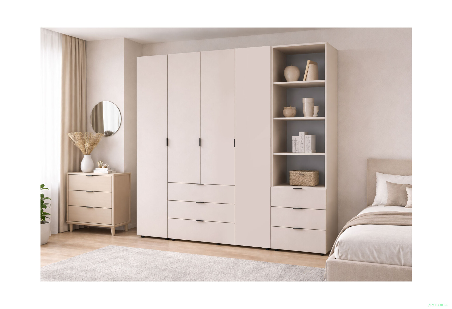 Изображение 2 - Шкаф Doros Гелар 4 ДСП 4-дверная с ящиками и пеналом с открытыми полками 215 см Кашемир