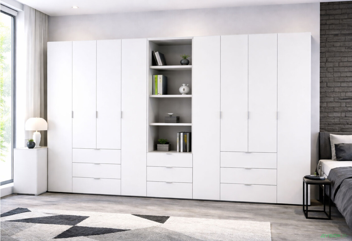 Изображение 2 - Шкаф Doros Гелар 4+4 ДСП 8-дверная с ящиками и пеналом с открытыми полками 370 см Белый