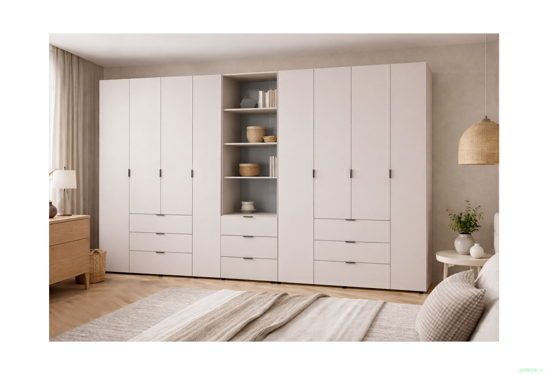 Изображение 2 - Шкаф Doros Гелар 4+4 ДСП 8-дверная с ящиками и пеналом с открытыми полками 370 см Кашемир