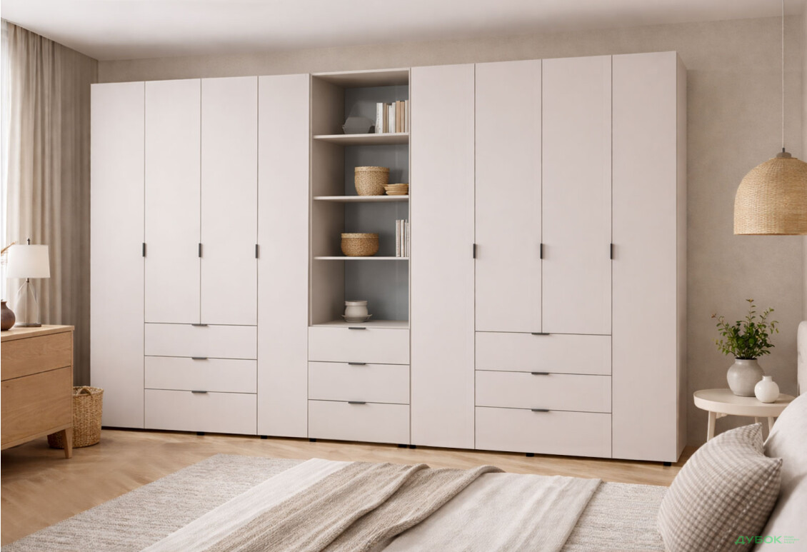 Изображение 2 - Шкаф Doros Гелар 4+4 ДСП 8-дверная с ящиками и пеналом с открытыми полками 370 см Кашемир