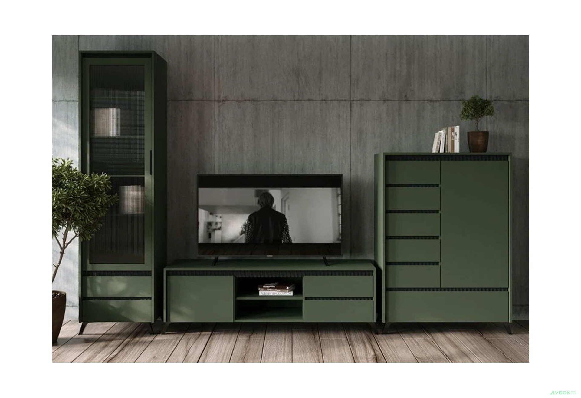 Зображення 2 - Тумба ВМК Лаундж / Lounge RTV1K2So 155 см, зелений димчастий / чорний