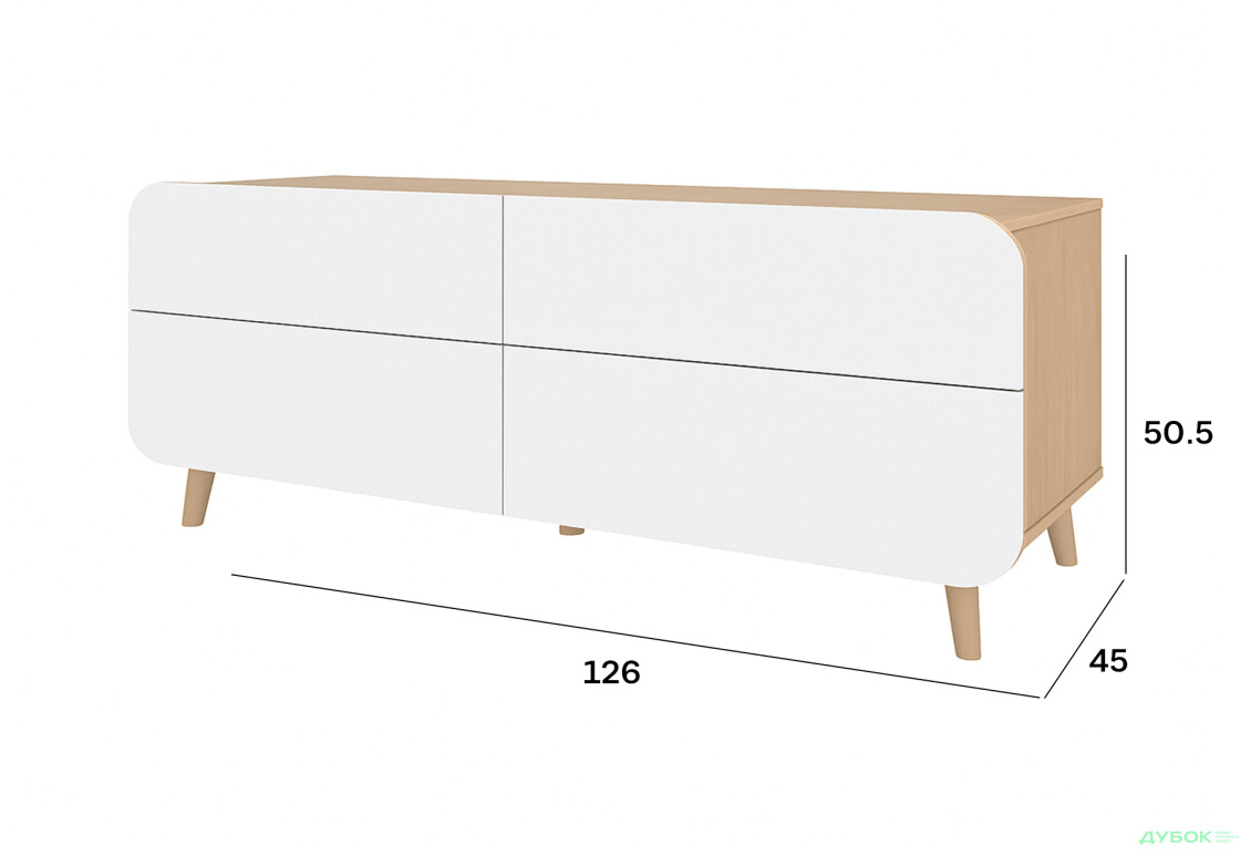Тумба під ТВ Київський стандарт Руна з 4 шухлядами 126 см дуб рая / білий софт - Зображення 3 Зображення 3 - Тумба під ТВ Київський стандарт Руна з 4 шухлядами 126 см дуб рая / білий софт