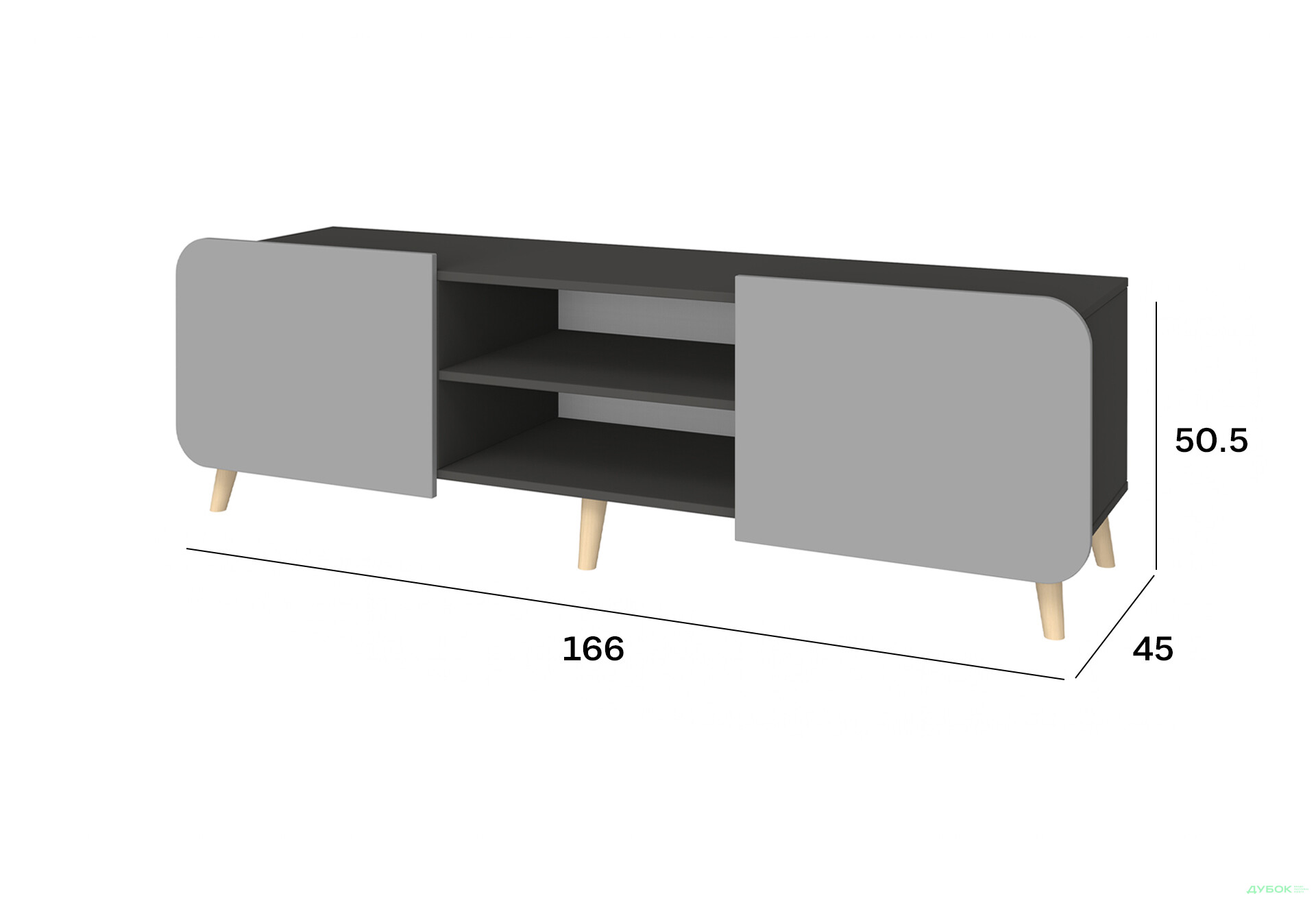 Тумба під ТВ Київський стандарт Руна 2-дверна з полицями 166 см антрацит / сірий софт - Зображення 3 Зображення 3 - Тумба під ТВ Київський стандарт Руна 2-дверна з полицями 166 см антрацит / сірий софт