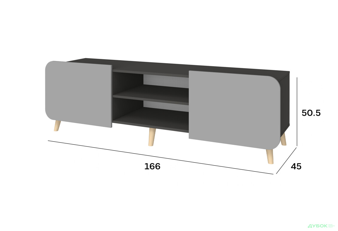 Тумба під ТВ Київський стандарт Руна 2-дверна з полицями 166 см антрацит / сірий софт - Зображення 3 Зображення 3 - Тумба під ТВ Київський стандарт Руна 2-дверна з полицями 166 см антрацит / сірий софт