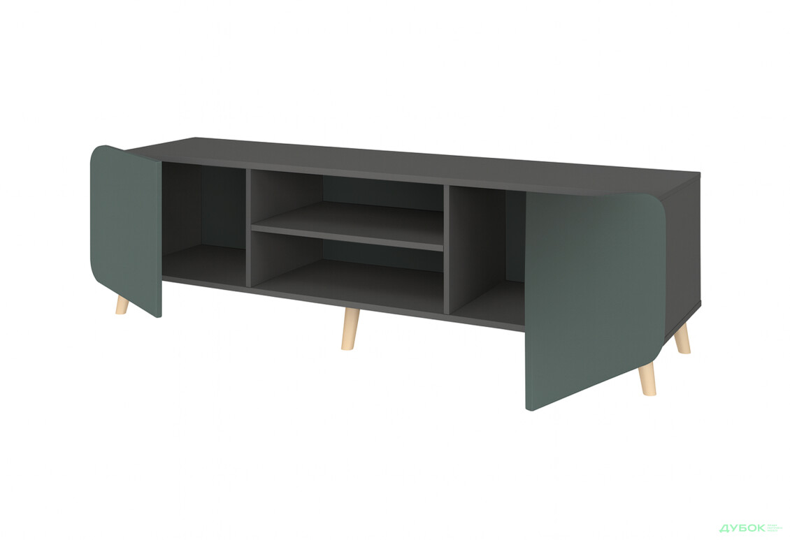 Тумба під ТВ Київський стандарт Руна 2-дверна з полицями 166 см антрацит / лагуна софт - Зображення 2 Зображення 2 - Тумба під ТВ Київський стандарт Руна 2-дверна з полицями 166 см антрацит / лагуна софт