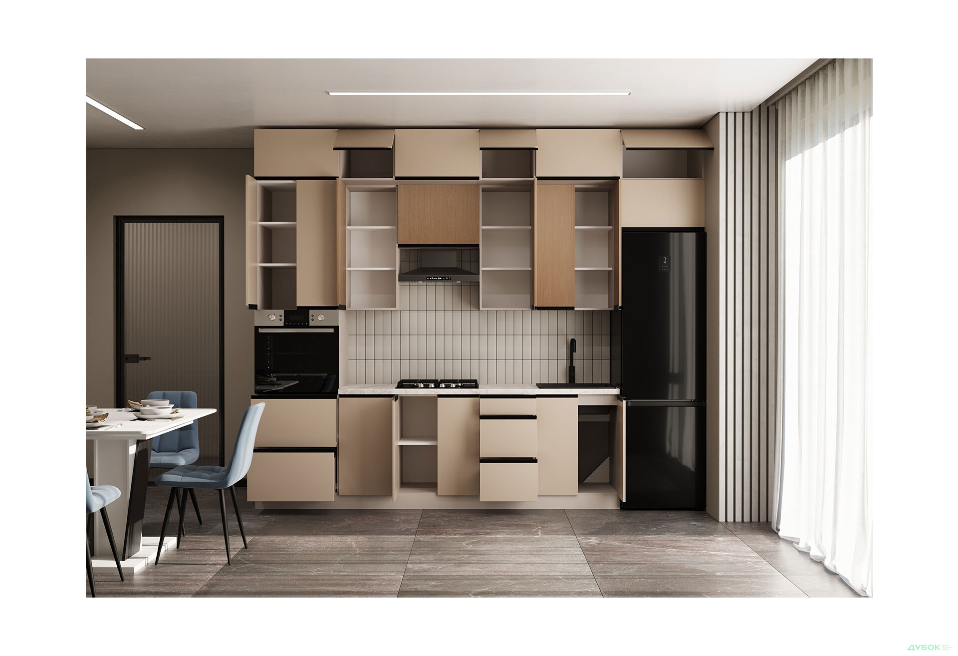 Кухня VIP-master Прайм Люкс / Лори Люкс 320 см, бежевый матовый / дуб элегант V - Изображение 2 Изображение 2 - Кухня VIP-master Прайм Люкс / Лори Люкс 320 см, бежевый матовый / дуб элегант V