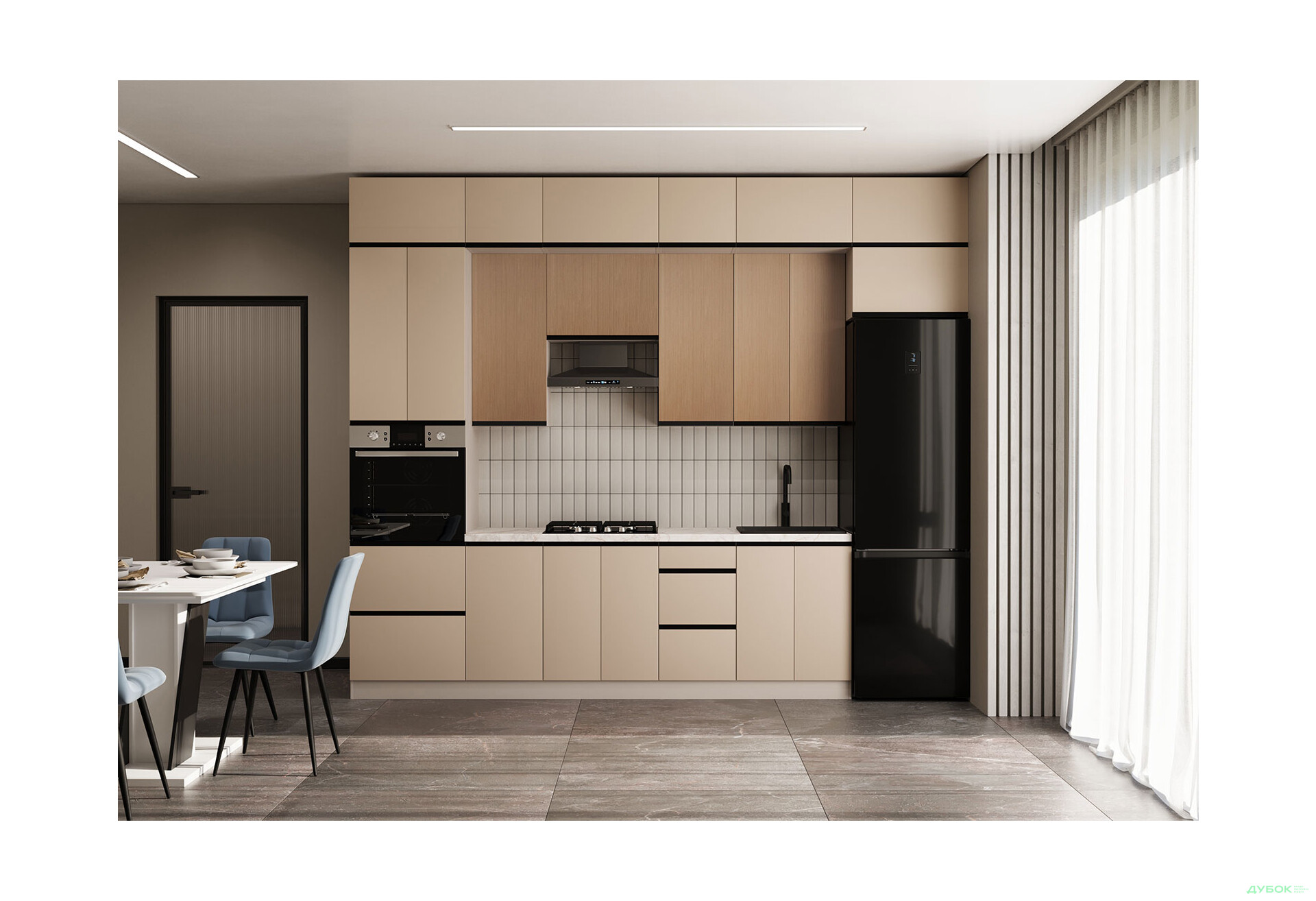 Кухня VIP-master Прайм Люкс / Лори Люкс 320 см, бежевый матовый / дуб элегант V - Изображение 1 Изображение 1 - Кухня VIP-master Прайм Люкс / Лори Люкс 320 см, бежевый матовый / дуб элегант V