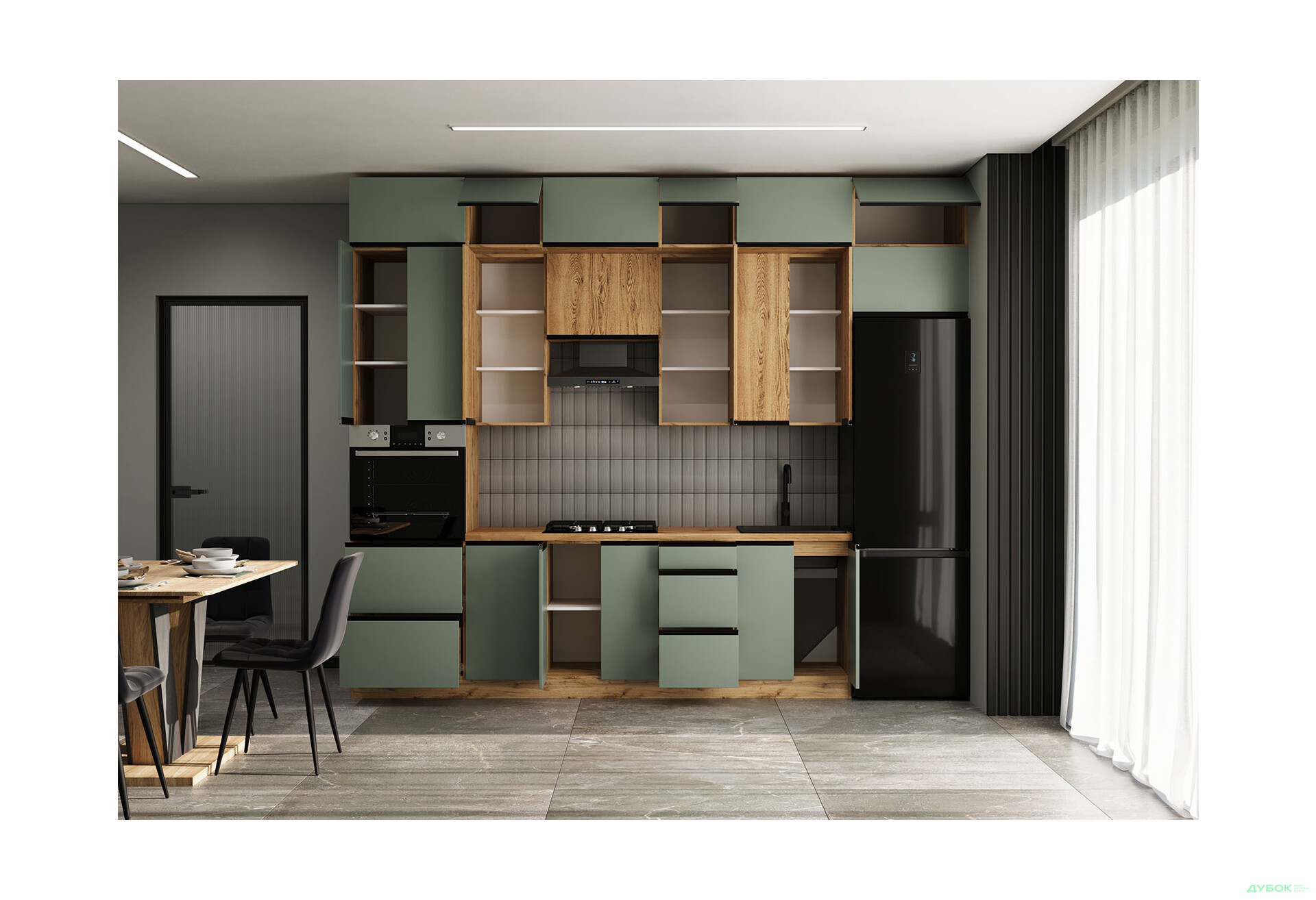 Кухня VIP-master Прайм Люкс / Лори Люкс 320 см, зеленый матовый / дуб старый V - Изображение 2 Изображение 2 - Кухня VIP-master Прайм Люкс / Лори Люкс 320 см, зеленый матовый / дуб старый V