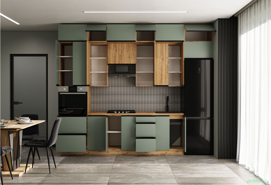 Кухня VIP-master Прайм Люкс / Лори Люкс 320 см, зеленый матовый / дуб старый V - Изображение 2 Изображение 2 - Кухня VIP-master Прайм Люкс / Лори Люкс 320 см, зеленый матовый / дуб старый V