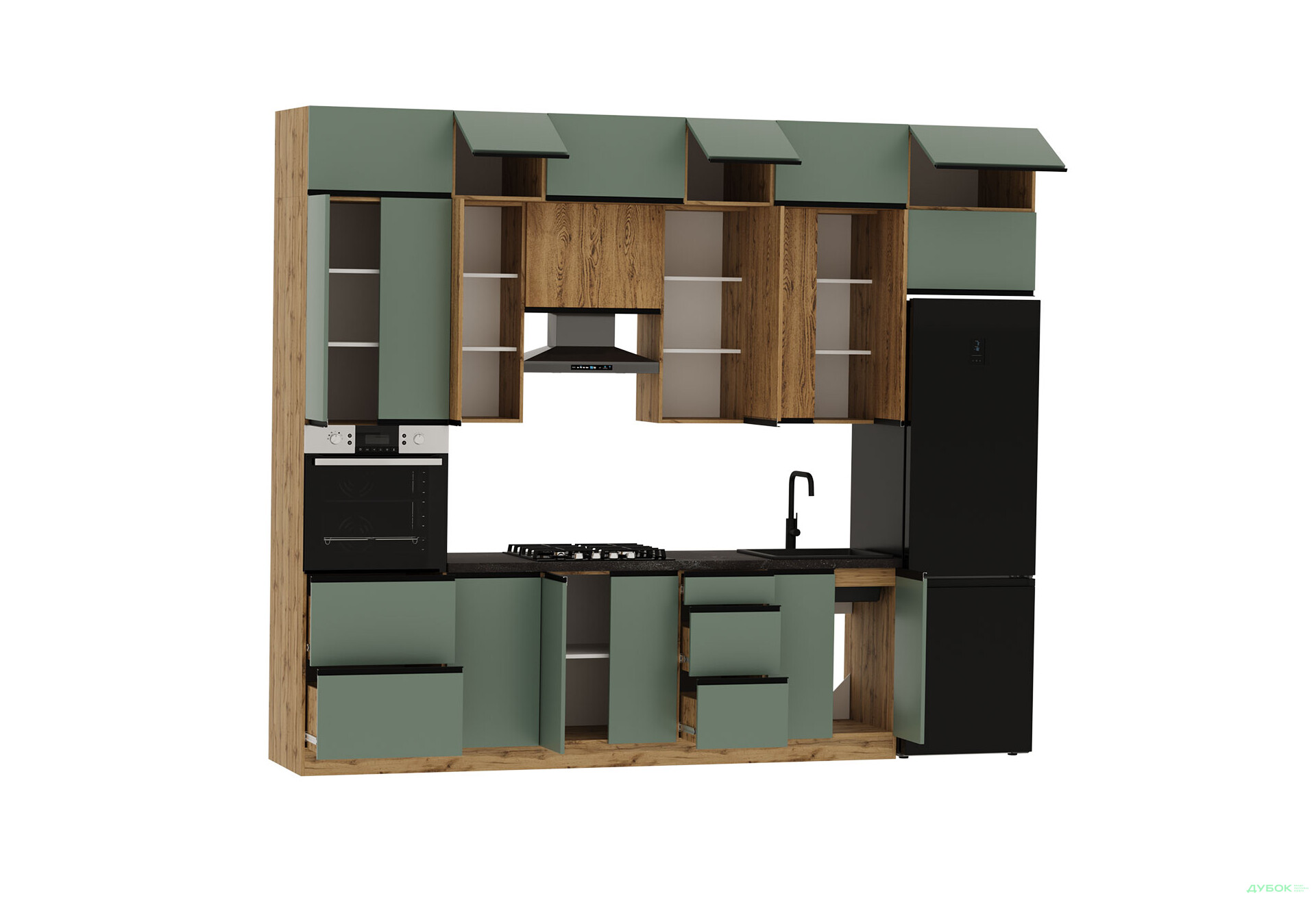 Кухня VIP-master Прайм Люкс / Лори Люкс 320 см, зеленый матовый / дуб старый V - Изображение 5 Изображение 5 - Кухня VIP-master Прайм Люкс / Лори Люкс 320 см, зеленый матовый / дуб старый V