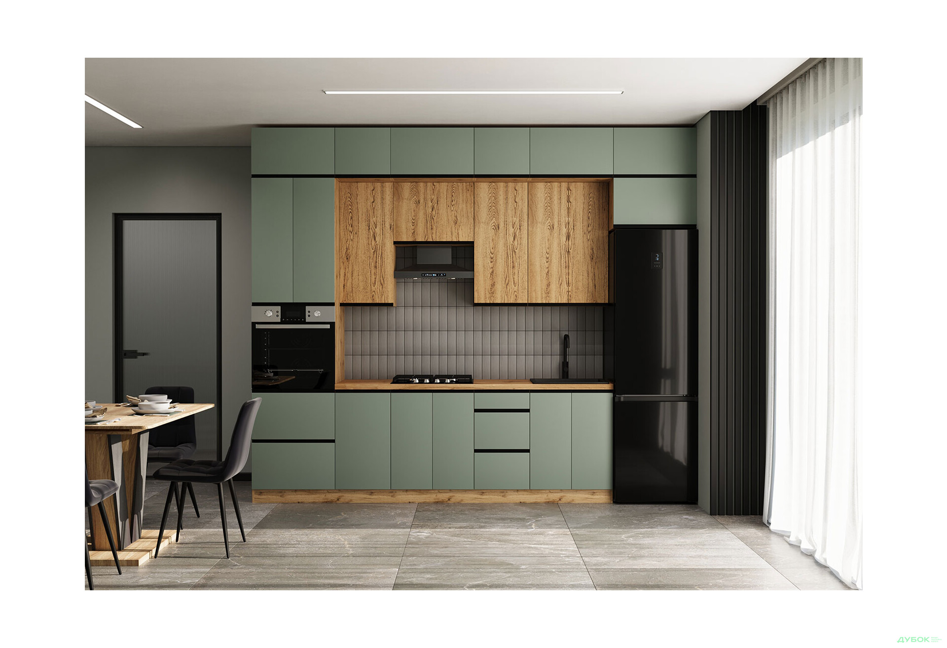 Кухня VIP-master Прайм Люкс / Лори Люкс 320 см, зеленый матовый / дуб старый V - Изображение 1 Изображение 1 - Кухня VIP-master Прайм Люкс / Лори Люкс 320 см, зеленый матовый / дуб старый V