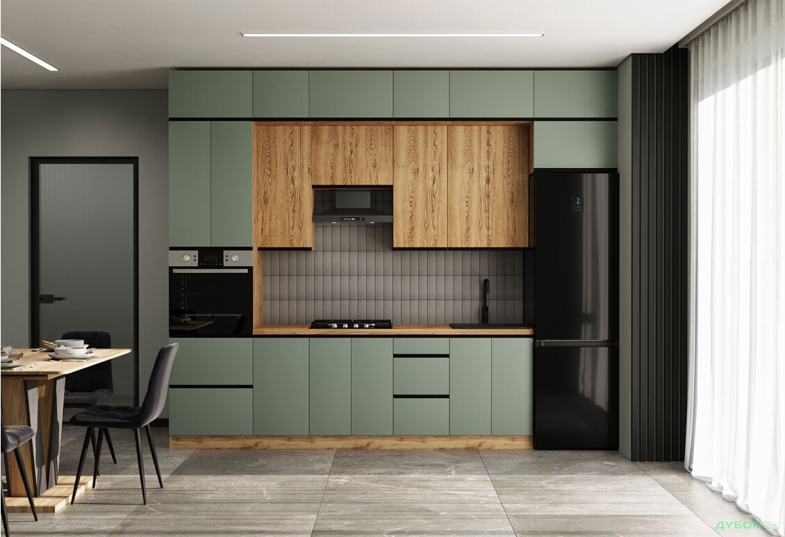 Кухня VIP-master Прайм Люкс / Лори Люкс 320 см, зеленый матовый / дуб старый V - Изображение 1 Изображение 1 - Кухня VIP-master Прайм Люкс / Лори Люкс 320 см, зеленый матовый / дуб старый V