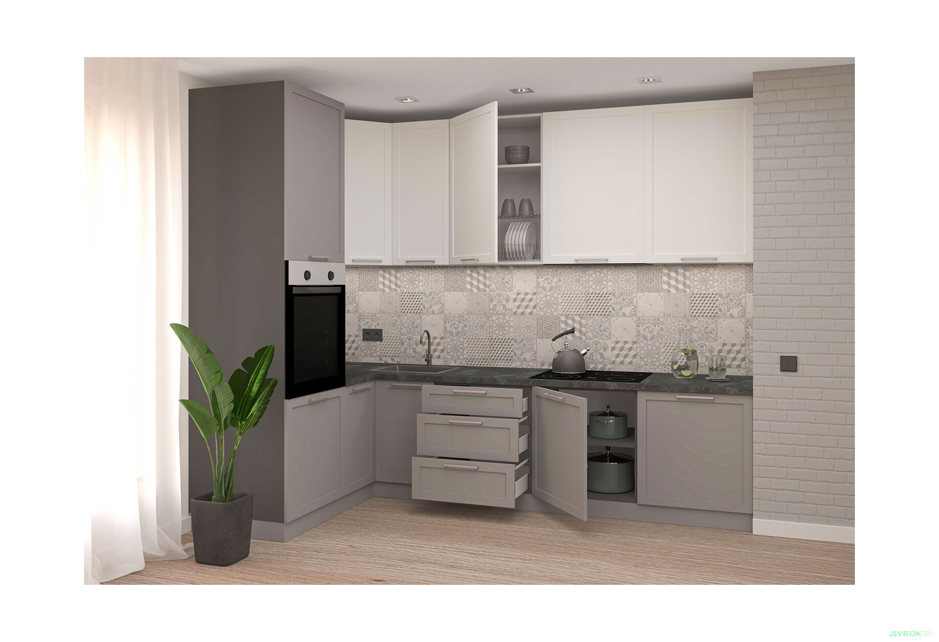 Кухня МироМарк Винтаж / Vintage 280х160 см полумат серый RAL 7036 / белый полумат RAL 9003 - Изображение 2 Изображение 2 - Кухня МироМарк Винтаж / Vintage 280х160 см полумат серый RAL 7036 / белый полумат RAL 9003