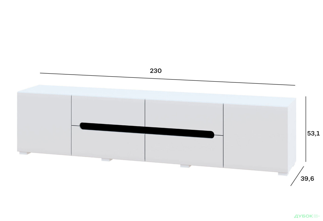 Зображення 4 - Тумба під ТВ Світ Меблів Бянко з 2 дверцятами та шухлядами 230 см, Біла з чорною вставкою