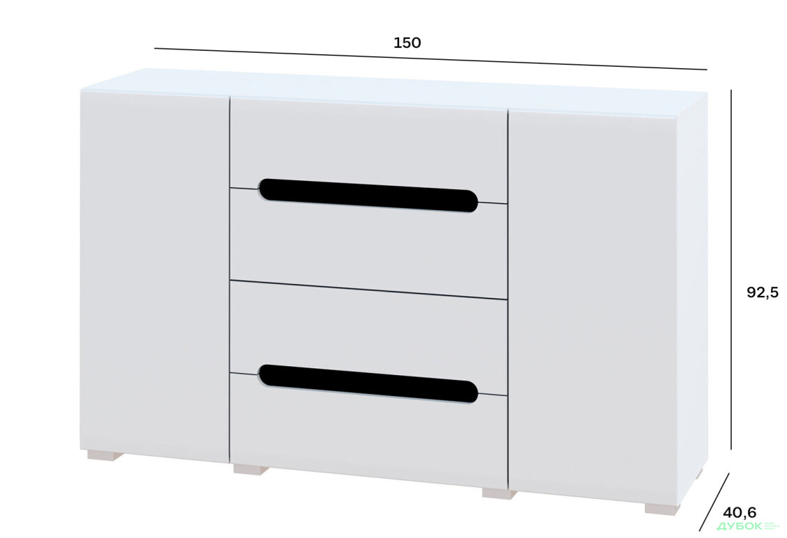 Зображення 4 - Комод Світ Меблів Бянко 2-дверний з 4 шухлядами 150 см, Білий з чорною вставкою