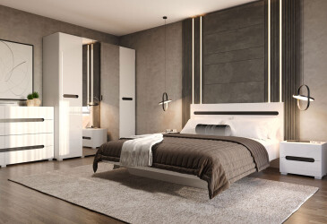 Спальня Світ Меблів Бянко з шафою 4-дверною та ліжком 160х200 см, Біла з чорною вставкою