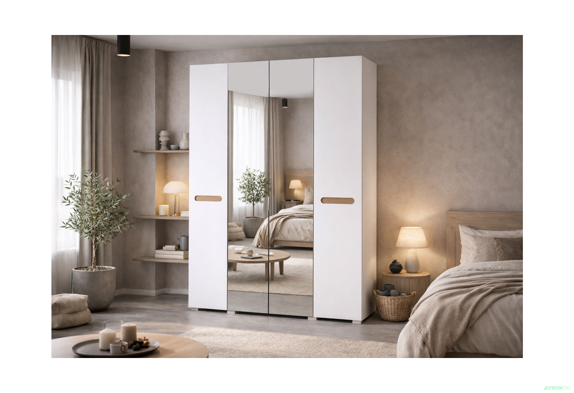 Зображення 2 - Шафа Світ Меблів Бянко 4-дверна з дзеркалом 180 см, Біла з вставкою дуб аппалачі