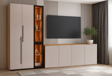 Стінка у вітальню Світ Меблів Спейс з вітриною та комодами 280 см, кашемір