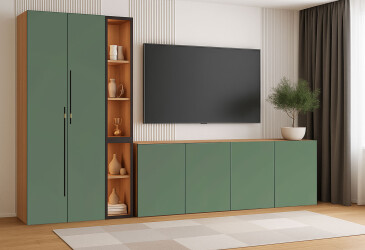 Стінка у вітальню Світ Меблів Спейс з вітриною та комодами 280 см, зелений димчастий