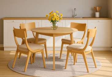 Стол обеденный Марс круглый 100+40 natural, раскладной + стул Диран натуральный/Мустанг крем 4 шт.