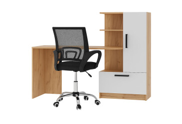 Стол компьютерный Garant Стандарт 150x59 см со стеллажом, Дуб крафт золотой / Нимфея альба сборка правая + кресло Веб чёрное