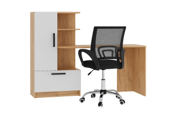 Стол компьютерный Garant Стандарт 150x59 см со стеллажом, Дуб крафт золотой / Нимфея альба сборка левая + кресло Веб чёрное