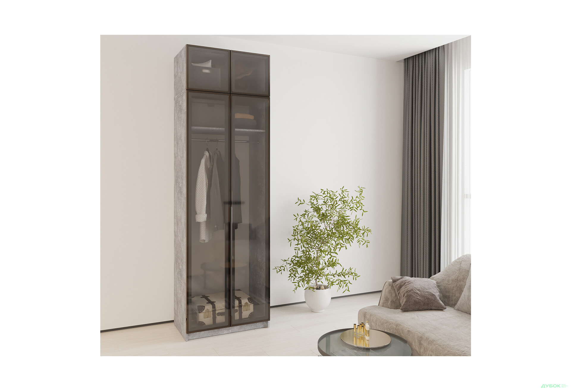Шафа MebelStar Оскар 2-дверна з антресоллю та вітринами 80 см Бетон - Зображення 2 Зображення 2 - Шафа MebelStar Оскар 2-дверна з антресоллю та вітринами 80 см Бетон