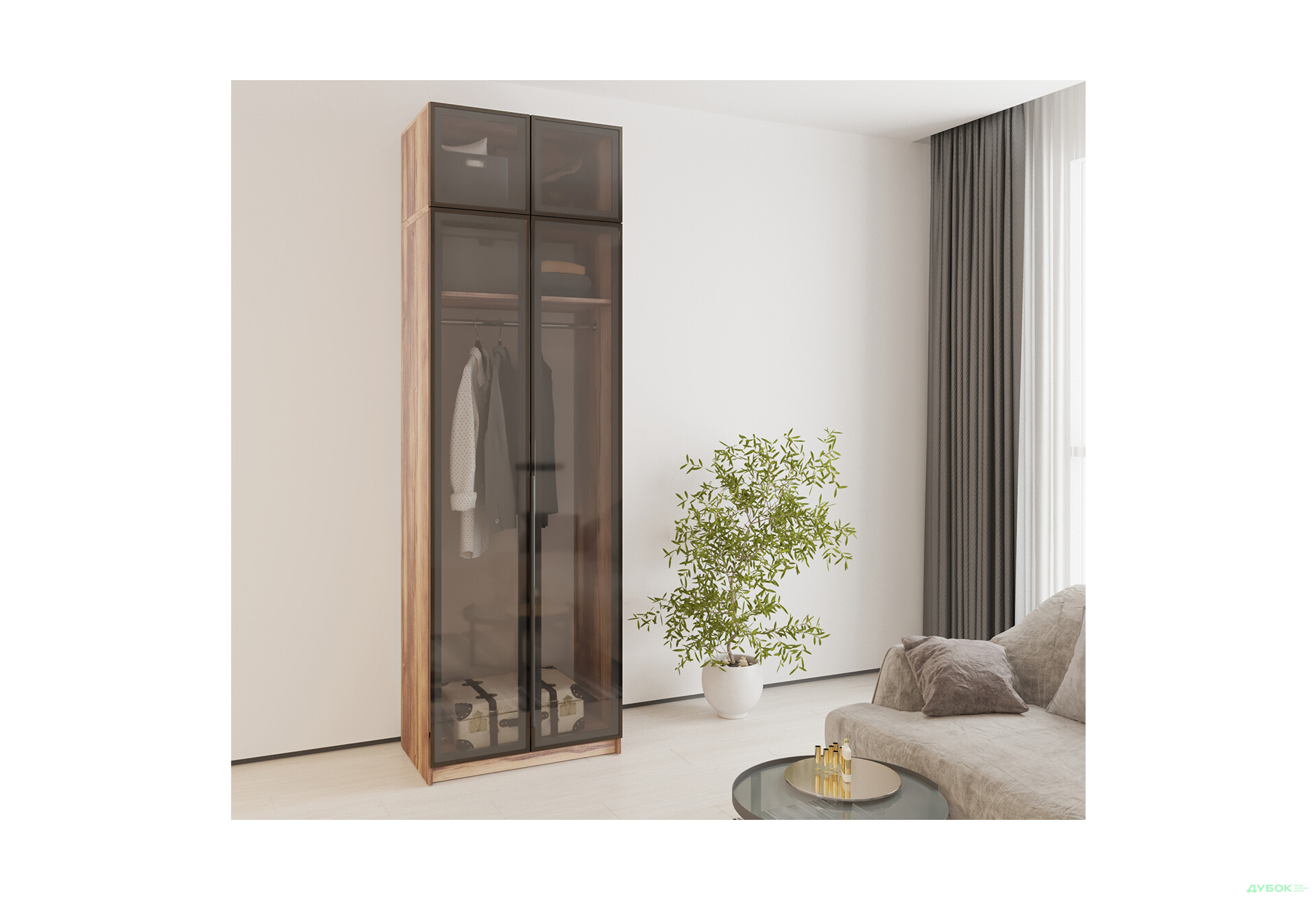 Зображення 2 - Шафа MebelStar Оскар 2-дверна з антресоллю та вітринами 80 см Дуб бурштиновий