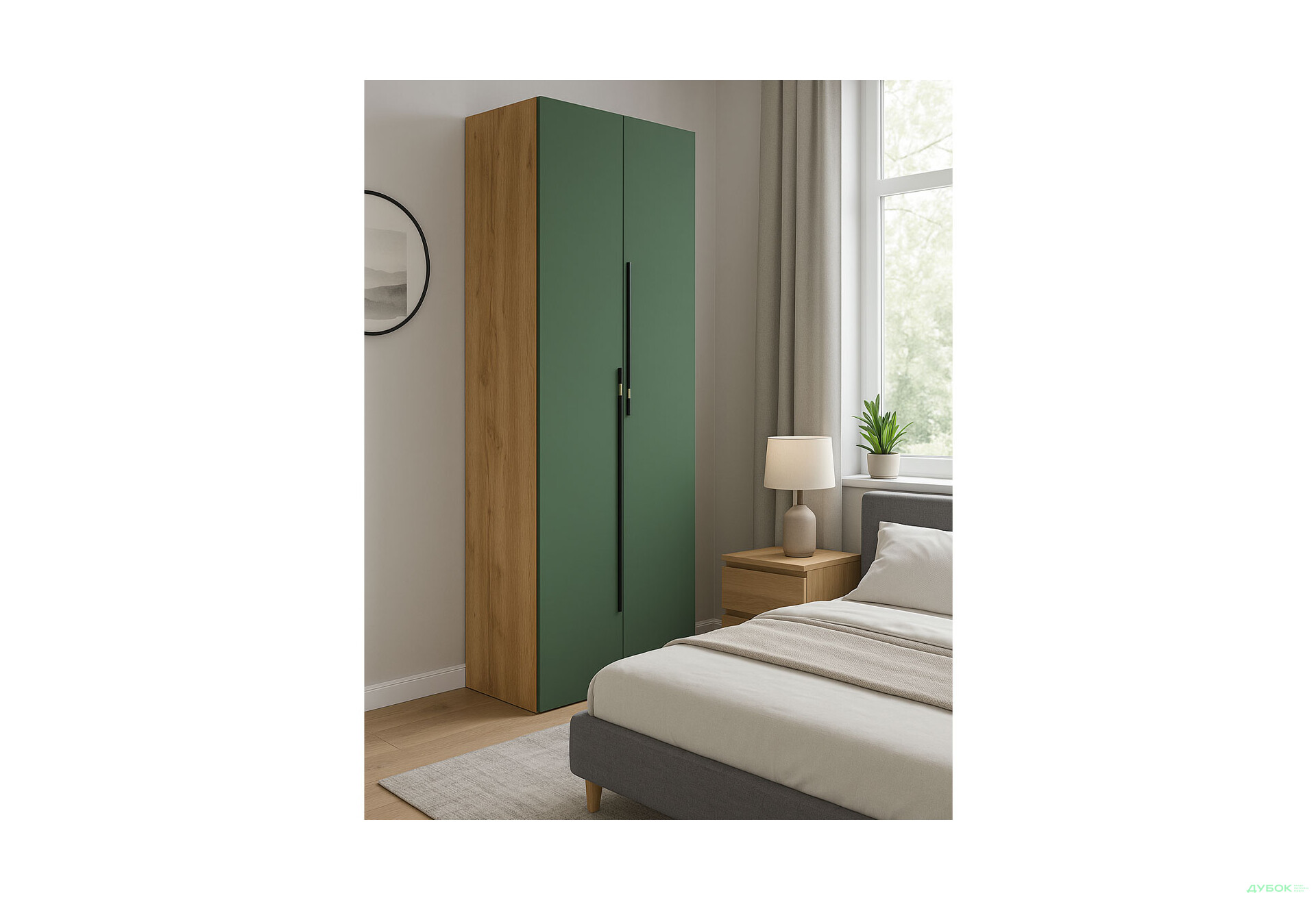 Шафа Світ Меблів Спейс дводверна зі штангою і полицями 80х220х57 см, дуб аппалачі / зелений димчастий - Зображення 2 Зображення 2 - Шафа Світ Меблів Спейс дводверна зі штангою і полицями 80х220х57 см, дуб аппалачі / зелений димчастий