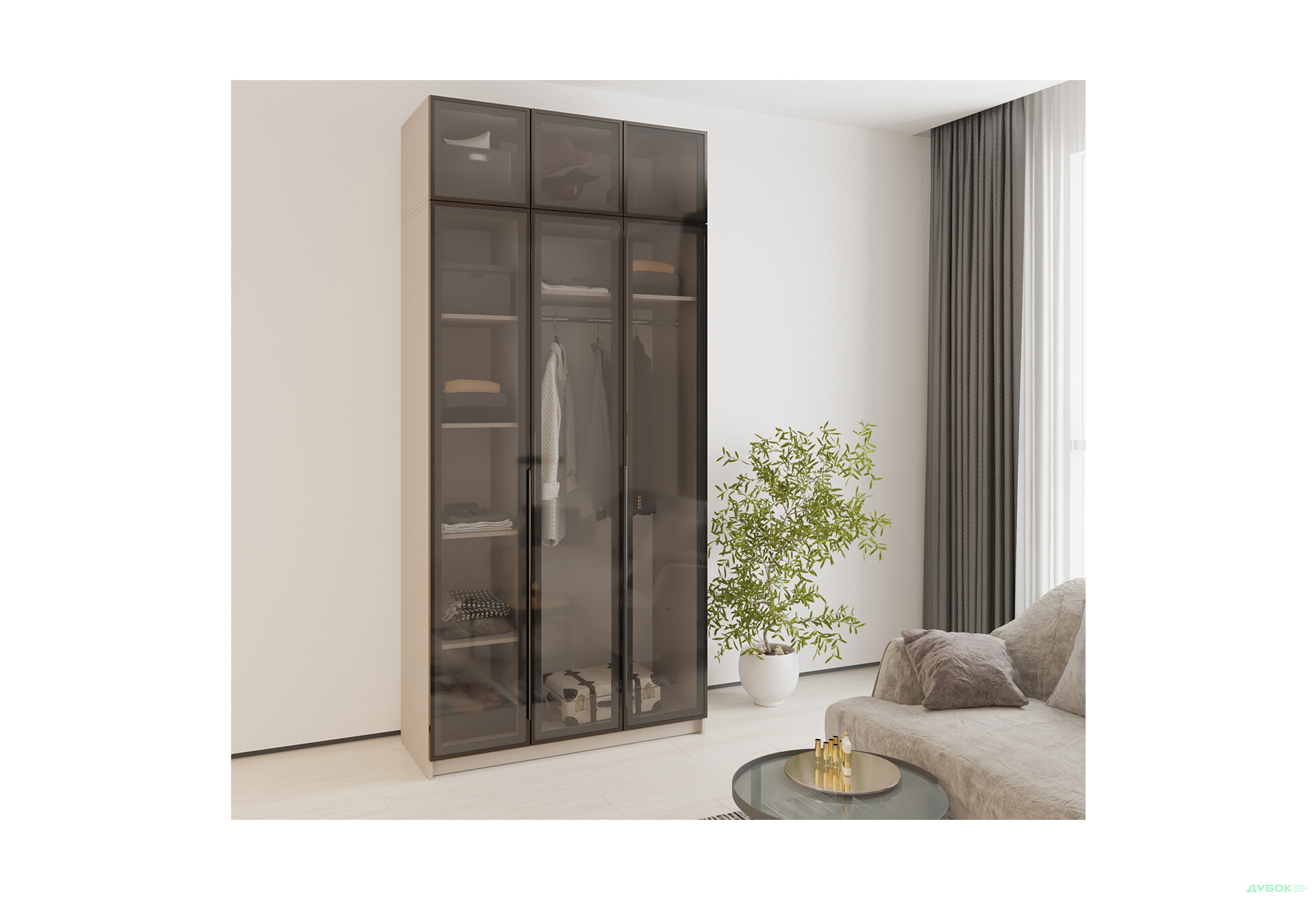 Шафа MebelStar Оскар 3-дверна з антресоллю та вітринами 120 см Кашемір - Зображення 2 Зображення 2 - Шафа MebelStar Оскар 3-дверна з антресоллю та вітринами 120 см Кашемір