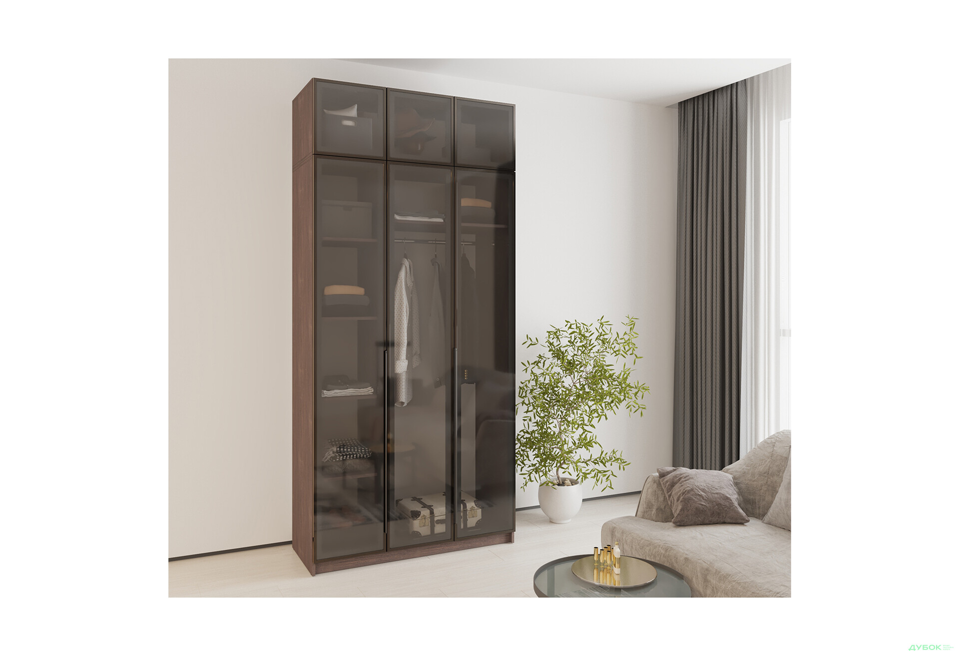 Зображення 2 - Шафа MebelStar Оскар 3-дверна з антресоллю та вітринами 120 см Дуб рістрето