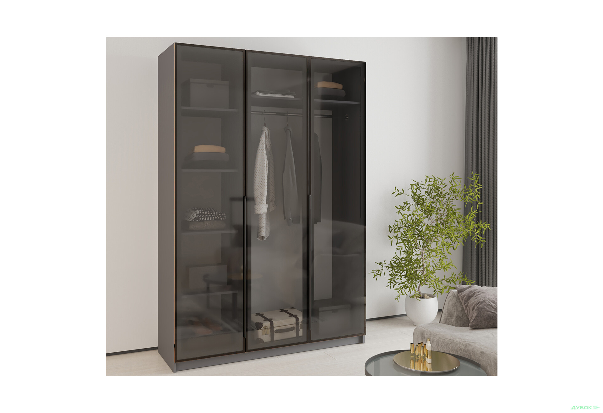 Зображення 2 - Шафа MebelStar Оскар 3-дверна з вітринами 150 см Антрацит