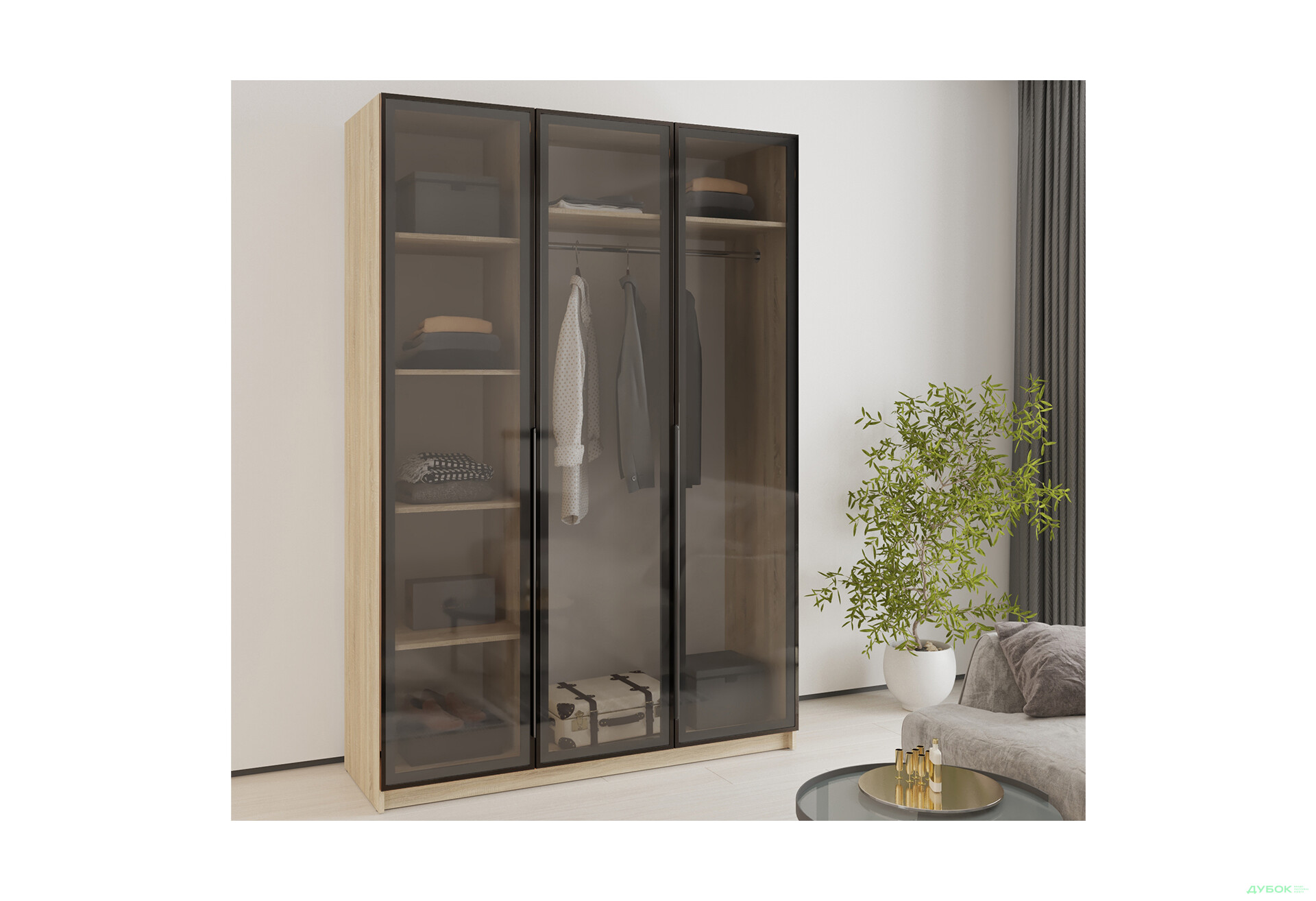 Шафа MebelStar Оскар 3-дверна з вітринами 150 см Дуб сонома - Зображення 2 Зображення 2 - Шафа MebelStar Оскар 3-дверна з вітринами 150 см Дуб сонома