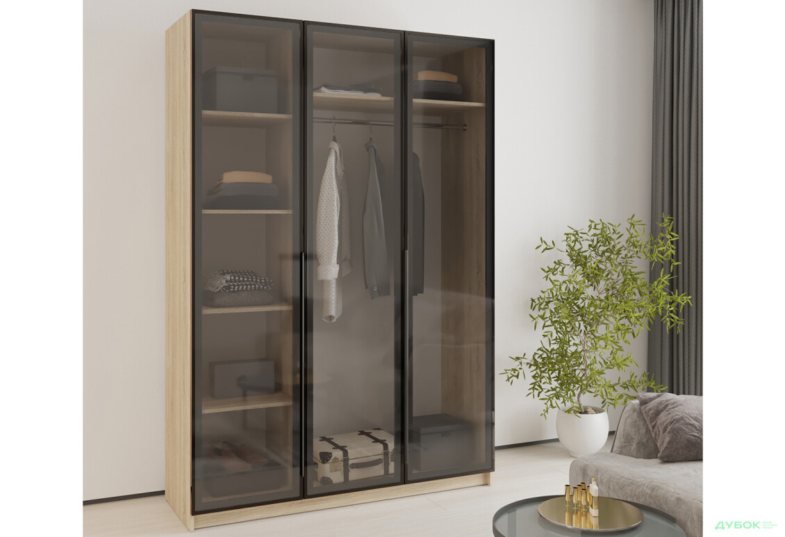 Зображення 2 - Шафа MebelStar Оскар 3-дверна з вітринами 150 см Дуб сонома