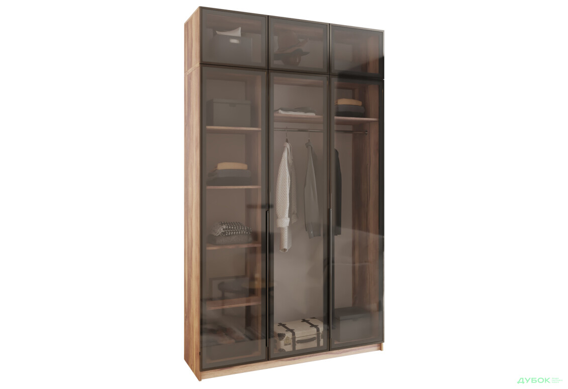 Шафа MebelStar Оскар 3-дверна з антресоллю та вітринами 150 см Дуб бурштиновий