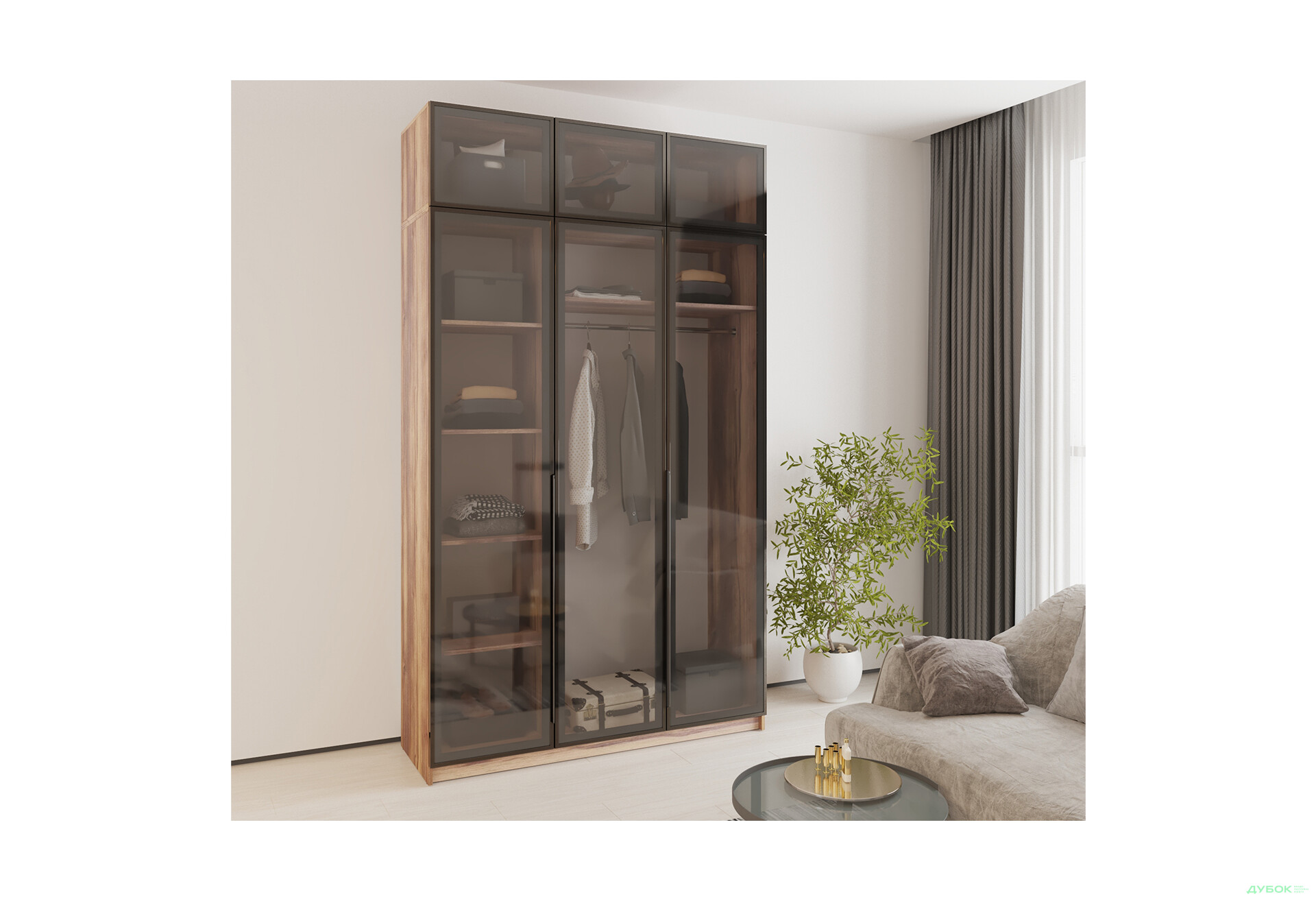 Зображення 2 - Шафа MebelStar Оскар 3-дверна з антресоллю та вітринами 150 см Дуб бурштиновий